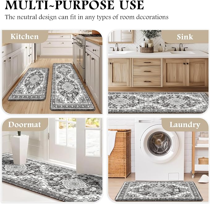 Boho Kitchen Mats for Floor 2 Piece Set Anti Fatigue Cushioned PVC Kitchen Rugs Non Slip Waterproof Farmhouse Mats 2/5 Inch Comfort Standing Mat for Sink, Office, 17.3"x47"+17.3"x28", Dark Grey