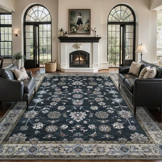 Tangsoo Black Vintage 6x9 Area Rug Washable Rugs for Living Room, Oriental Floral Indoor Non Slip Large Area Rug, Print Black Carpet, Boho Soft Low Pile Foldable Floor Rugs for Bedroom Dining Room