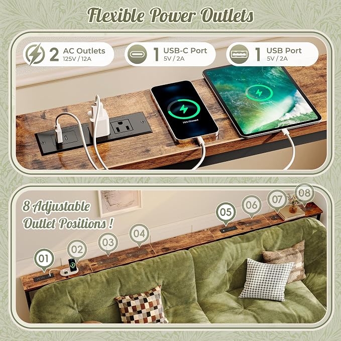Huuger 118.1 Inch Sofa Table with Power Outlets, 23.9’’-34.4’’ Height Adjustable Range, Behind Couch Table with USB-C Ports, Sofa Tables Narrow Long, Skinny Console Table, Small Spaces, Rustic Brown