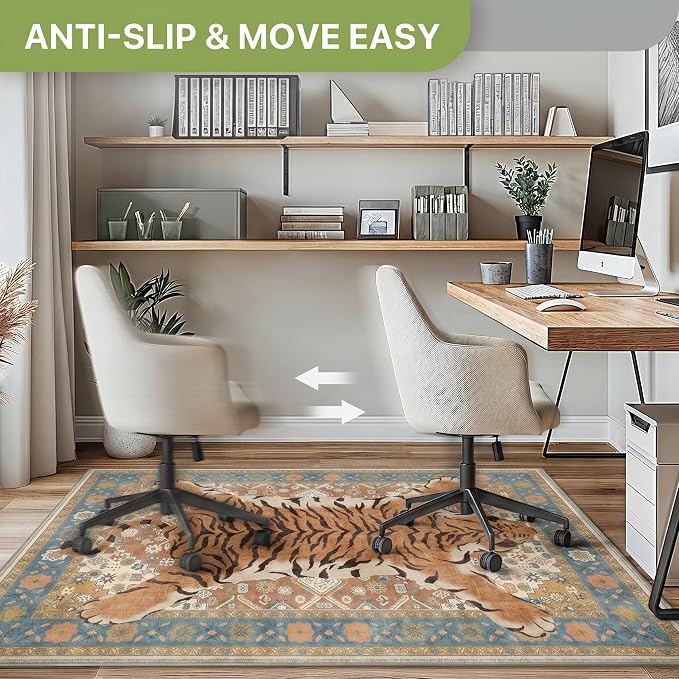 48"x72" Office Chair Mat for Hardwood Tile Floor, Under Desk Carpet Protector for Rolling Computer Chair Mat, Machine Washable Area Rug, Anti-Slip 1/5" Thick Low Pile Thin Floor Mat, Tiger Orange