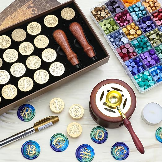 SWANGSA Initial Alphabet A-Z Wax Seal Kit with 624pcs Sealing Wax Beads, Furnace and Pen for Wedding Invitations Cards & Envelope