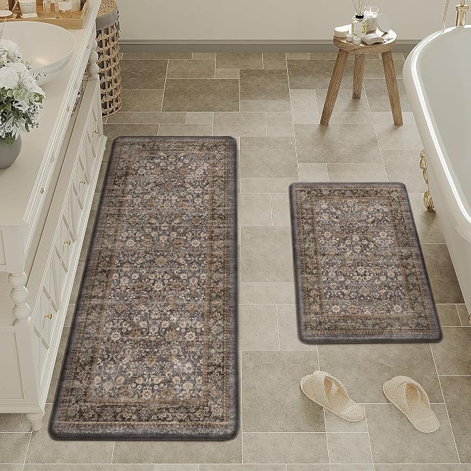 2-Piece Blue Brown Vintage Kitchen Mat Set | Wider, Washable, Anti Fatigue, Non Slip, Soft, Vintage, Floral, Distressed, Farmhouse, for Sink Entryway Bathroom Laundry