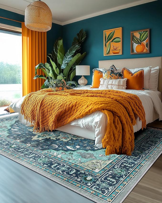 RELEANY Area Rugs 5'x8' Washable Non-Slip, Floral Vintage Distress Medallion Carpet for Living Room Bedroom Dining Room, Teal Green Lake Blue Turquoise