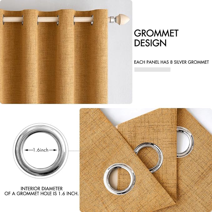 MIULEE 100% Blackout Linen Textured Curtains for Bedroom Solid Thermal Insulated Mustard Yellow Grommet Room Darkening Curtains & Drapes Luxury Decor for Living Room 52 x 54 Inch (2 Panels)