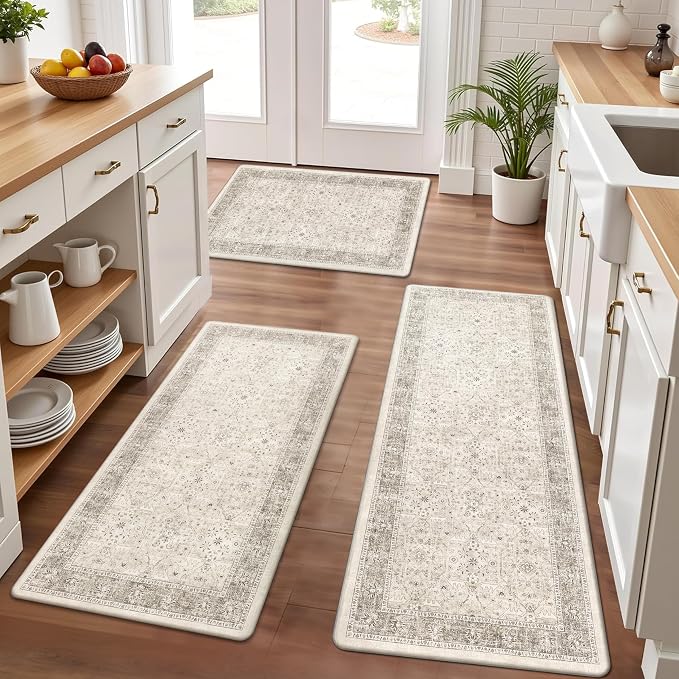 Pauwer Anti Fatigue Kitchen Floor Mats Set of 3, Cushioned Rugs, Khaki | Non Slip Comfort Standing Mat, PVC Foam Padded Kitchen Rugs, Waterproof Sink Rug for Small Kitchen Area, Laundry Room