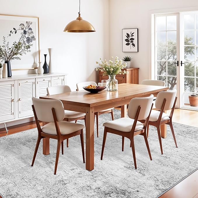 6x9 Washable Living Room Rug: Non Slip Stain Resistant Low Pile Area Rugs for Dining Room Bedroom - Neutral Abstract Soft Thin Indoor Throw Carpet for Pet Owners Newlyweds (6x9 Grey)