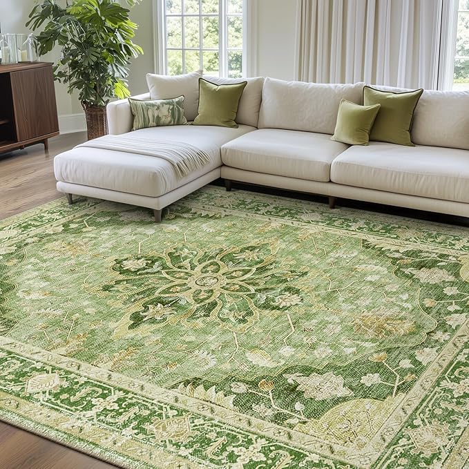 RELEANY Area Rugs 7'x9' Washable Non-Slip, Floral Vintage Distress Medallion Carpet for Living Room Bedroom Dining Room, Sage Green Yellow
