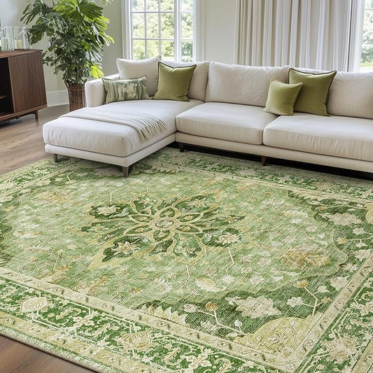 RELEANY Area Rugs 7'x9' Washable Non-Slip, Floral Vintage Distress Medallion Carpet for Living Room Bedroom Dining Room, Sage Green Yellow