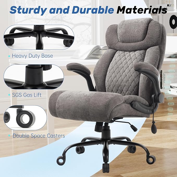 550LBS Big and Tall Office Chair, Comfy Heavy Duty Executive Chair with Adjustable Lumbar Support Double Spaces Casters, Fabric Extra Wide Seat Ergonomic Computer Desk Chair for Back Pain,Greycloth