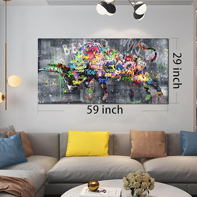 SIXTTART Highland Cow Wall-Art For Living Room Large Size - Banksy Canvas Wall Art For Bedroom - Graffiti Farmhouse Wall Decor Ready To Hang Size 59" x 29"