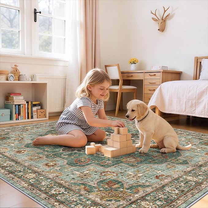 TOPRUUG Washable 7x7 Rug Square - Soft Living Room Area Rug for Under Sofa Non-Slip Rugs for Bedroom Dining Room - Stain Resistant Farmhouse Decor for Family with Pets & Kids (Green, 7x7)