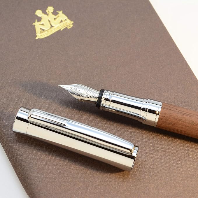 LACHIEVA LUX Walnut Fountain Pen, German Fine Nib, Smooth Ink Flow, Wooden Gift Box with Converter & 2 Cartridges, Fancy Pen for Men and Women