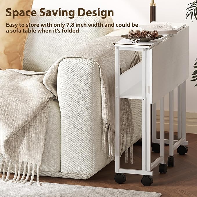 Folding Desk Small Rolling Desk with Storage Shelf,31.5 Inch Foldable Computer Table with Wheels,Portable Office Desk for Small Space Sofa Table,Easy to Fold,Writing Work Office Computer Desk,White