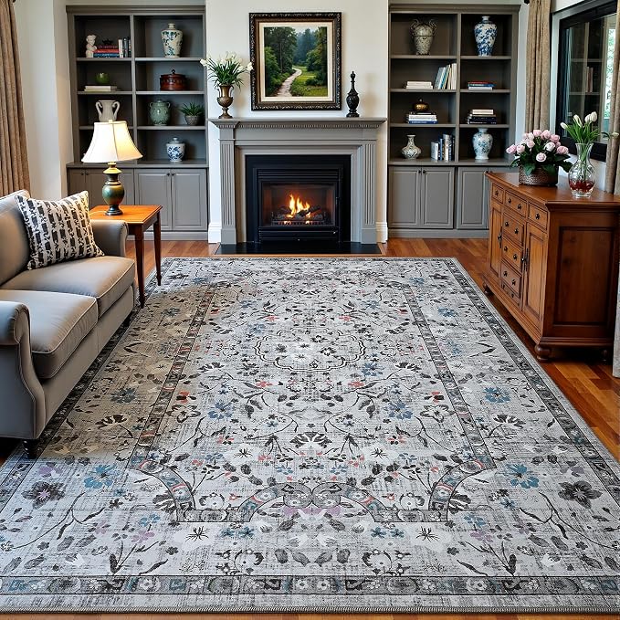 Vasofe 8x10 Area Rug for Living Room, Washable Rugs for Bedroom Room, Dining Room, Vintage Floral Indoor Non Slip Carpet Farmhouse Grey Throw Carpets Soft Low Pile Mat for Classroom Playroom