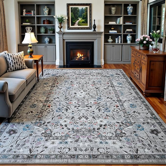 Vasofe 6x9 Area Rug for Living Room, Washable Rugs for Bedroom Room, Dining Room, Vintage Floral Indoor Non Slip Carpet Farmhouse Grey Throw Carpets Soft Low Pile Mat for Classroom Playroom