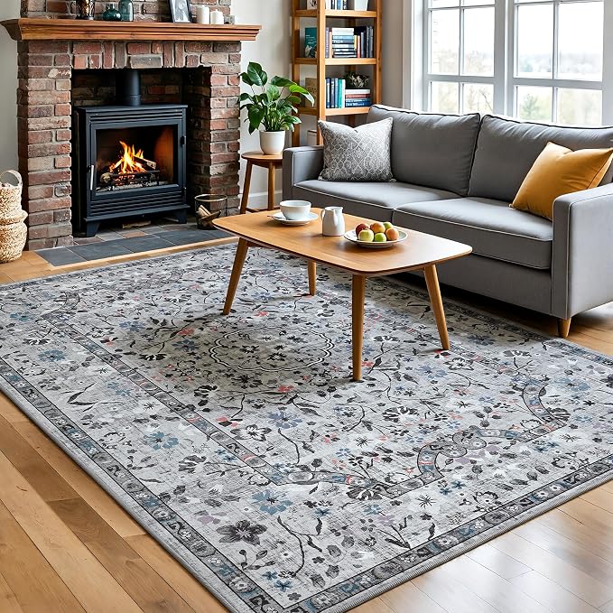 Vasofe 6x9 Area Rug for Living Room, Washable Rugs for Bedroom Room, Dining Room, Vintage Floral Indoor Non Slip Carpet Farmhouse Grey Throw Carpets Soft Low Pile Mat for Classroom Playroom