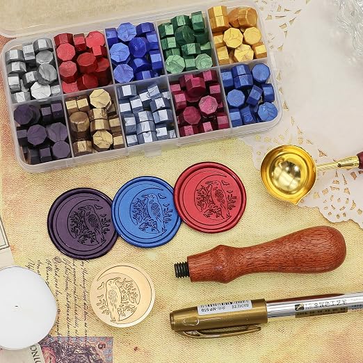 SWANGSA Moon Crow Wax Seal Stamp Kit with 200pcs Sealing Wax Beads, Great for Embellishment of Halloween Party Invitations, Wine Packages, Gift Wraps