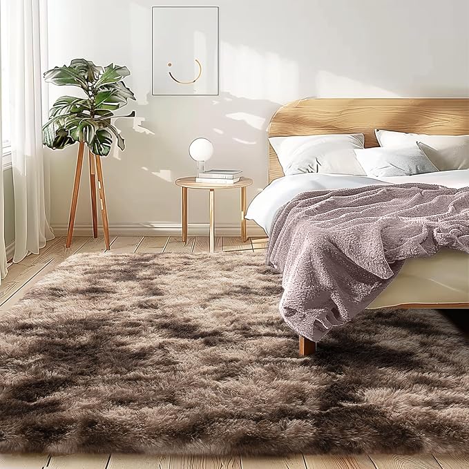 Awaytail 8x10 Shag Area Rug - Fluffy Fuzzy Nursery Kids Girls Room Rug - Soft Plush Furry Bedside Carpet- Tie-Dyed Brown