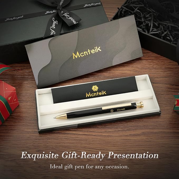 MCNTEIK Black Click Pen With 24K Gold Finish, Fine lacquer work, Exquisite Gel Pen Gift Set for Men & Women, ADMOK Black refill, Office Supplies, Professional, Executive, Nice Retractable Pen