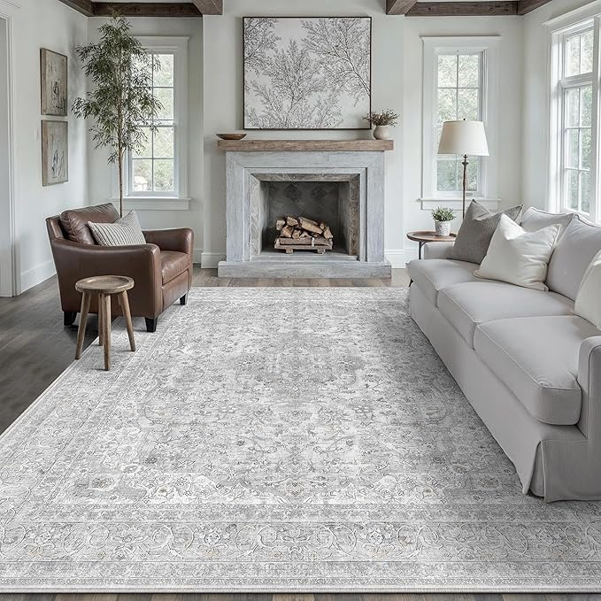 PureCozy Gray Area Rug 8x10 for Living Room Washable Vintage Carpet Low Pile Non Slip Distressed Soft Traditional Retro Oriental Large Grey Accent Throw Rug Office Bedroom Dining Room Playroom