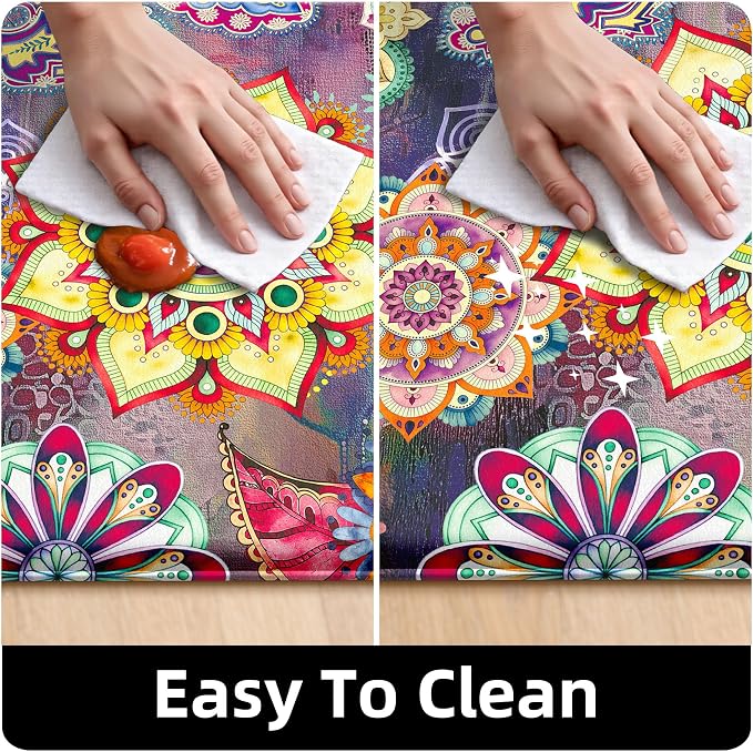 Boho Red Floral Kitchen Rugs Mats for Floor 2 Piece Memory Foam Padded Kitchen Mats Anti Fatigue Non Slip Cushioned Comfort Standing Mat, 17.3x28+17.3x47 Inch
