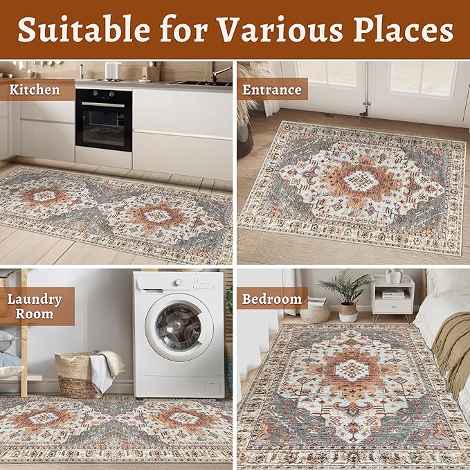 Tangsoo Oriental 2.6x10 Hallway Runner Rugs, Washable Runner Rug for Hallways Non Slip Vintage, Neutral Soft Low Pile Long Rug Runner, Indoor Carpet Runners for Living Room Kitchen Bedroom Entryway