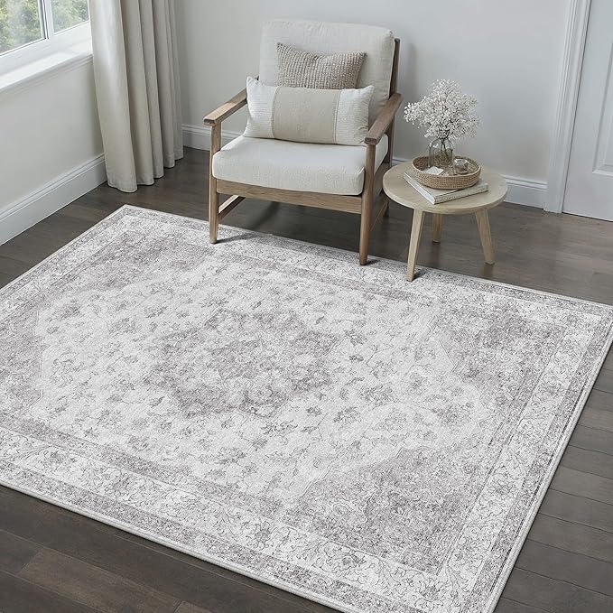 PureCozy Gray Area Rug 4x5 Washable Vintage Carpet Entryway Office Soft Retro Kitchen Low Pile Thin Door Mat Non Slip Grey Oriental Medallion Throw Small Rug for Bathroom Bedroom Dining Living Room