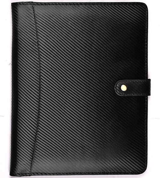 LEATHER VILLAGE Portfolio Professional Organizer – Carbon Fiber Genuine Leather Padfolio Resume Folder for A4 Letter Pad with Pen Holder, Business Card Slots – Ideal for Men & Women - Black