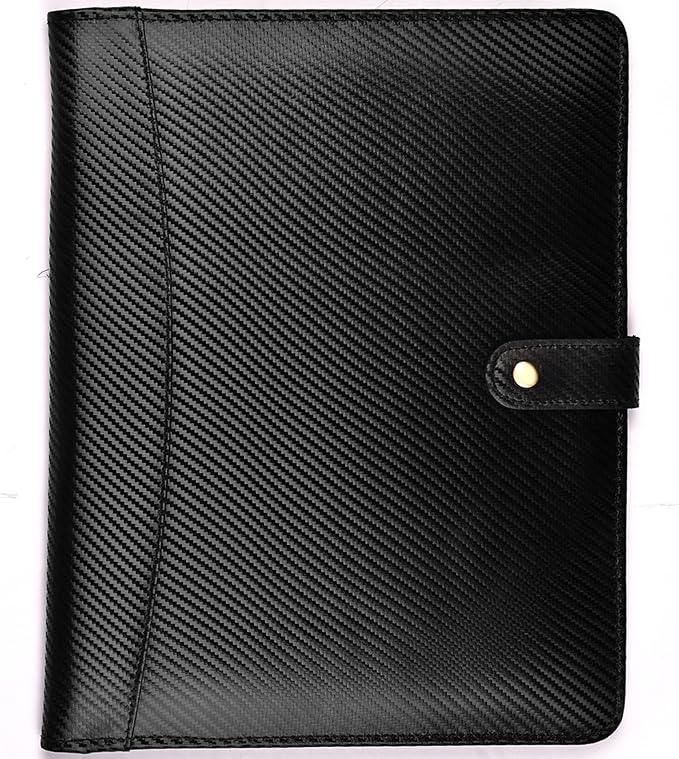 LEATHER VILLAGE Portfolio Professional Organizer– Carbon Fiber Genuine Leather Padfolio Resume Folder for A4 Letter Pad with Pen Holder, Business Card Slots – Ideal for Men & Women- Black Orange