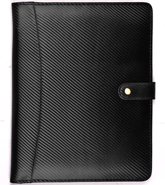 LEATHER VILLAGE Portfolio Professional Organizer– Carbon Fiber Genuine Leather Padfolio Resume Folder for A4 Letter Pad with Pen Holder, Business Card Slots – Ideal for Men & Women- Black Orange