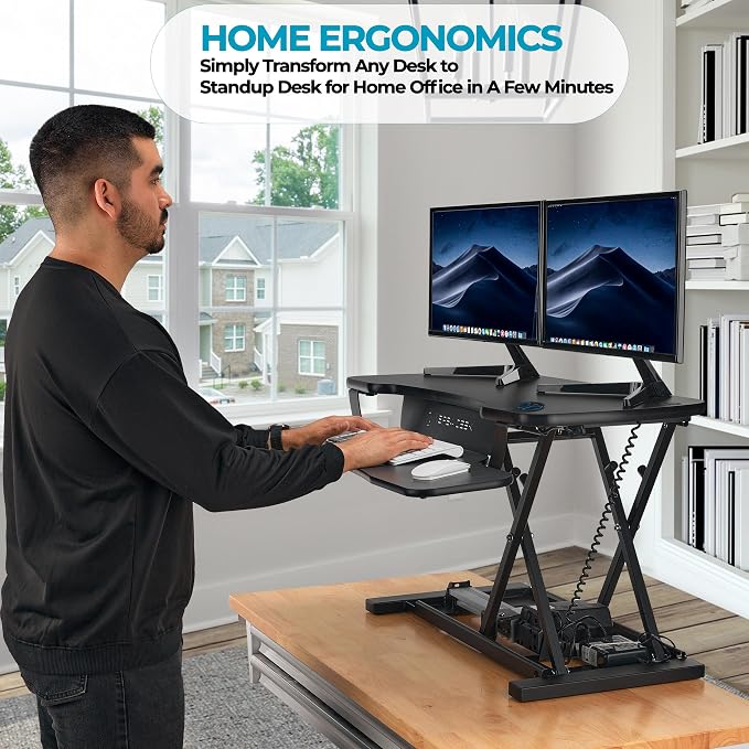 VERSADESK PowerPro 36 Inch Electric Standing Desk Converter – Push-Button Height Adjustable Sit to Stand Desk Riser for Dual Monitors & Laptop – Motorized Desktop Workstation with Wide Keyboard Tray