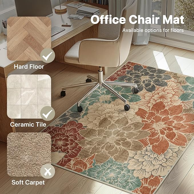 36"x60" Office Chair Mat for Hardwood Tile Floor, Under Desk Carpet Protector for Rolling Computer Chair Mat, Machine Washable Area Rug, Anti-Slip 1/5" Thick Low Pile Thin Vinyl Floor Mat, Terracotta
