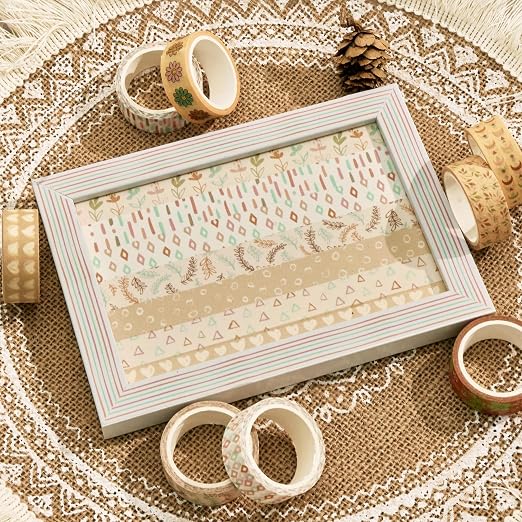 Boho Washi Tape Set 10 Rolls Cute Masking Graphic Floral Pattern Decorative Tapes for Arts, DIY Crafts, Journals, Planners, Scrapbook, Wrapping (Colors)
