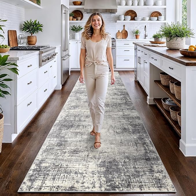 3x12 Hallway Washable Runner Rug - Non-Slip Kitchen Rugs with Rubber Backing Abstract Neutral Low-Pile Carpet Runners for Laundry Room Home Decor Bedroom Bathroom Entryway (Gray Beige,3x12)