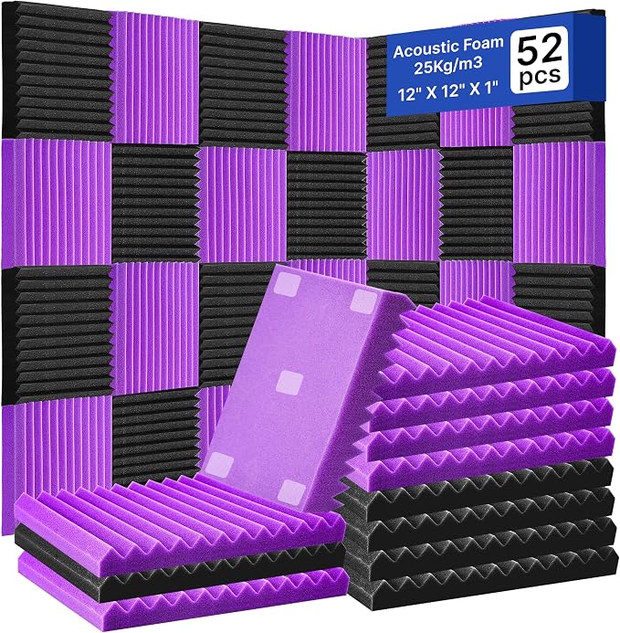 52 Pack Acoustic Foam Panels,1" x 12" x 12"Acoustic Wedge Studio Foam Sound Absorption Wall Panels (Black/Purple)