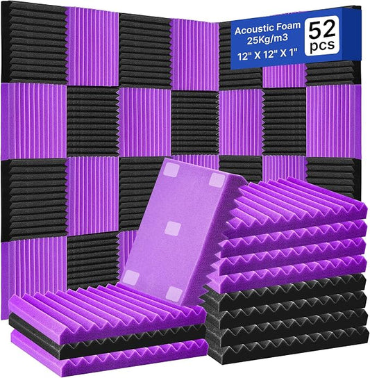 52 Pack Acoustic Foam Panels,1" x 12" x 12"Acoustic Wedge Studio Foam Sound Absorption Wall Panels (Black/Purple)