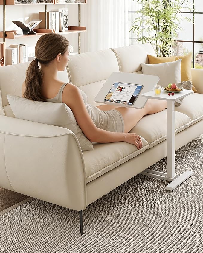 SANODESK 32''Overbed Table Gas Spring Lifting with Wheels&Tilting Desktop | Rolling Mobile Laptop Desk End Table,Portable Computer Workstation for Home Office,Sofa,Bedside,31.5" W x 17.7" D,White