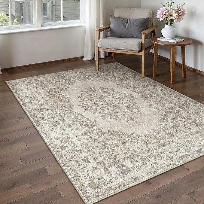 PureCozy 4x6 Area Rug Beige Washable Office Vintage Distressed Carpet Bedroom Indoor Medallion Floral Living Room Non Slip Retro Throw Floor Mat for Dining Room Kitchen Bathroom