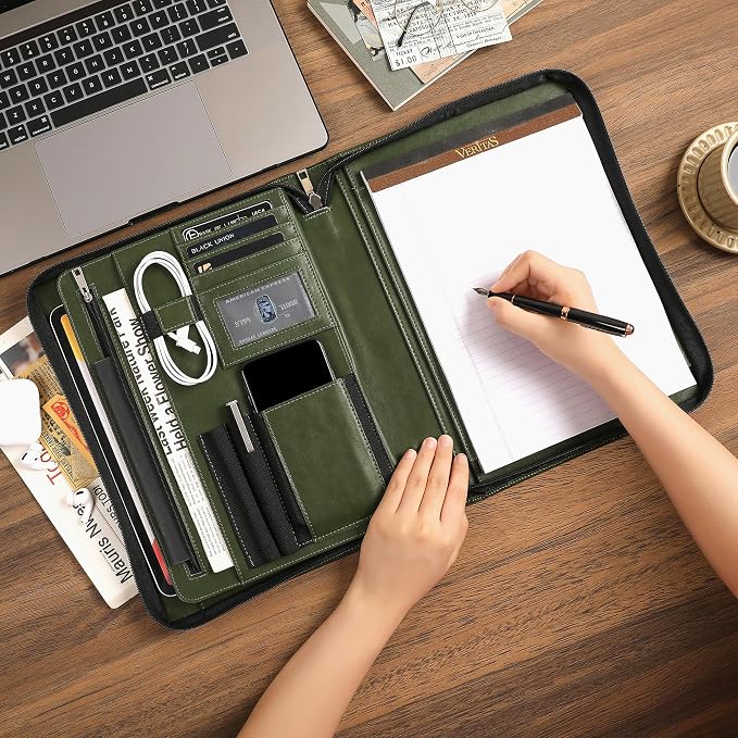 Vegan Portfolio for Men, Business Padfolio with Zipper, Vegan Leather Folio with A4 Writing Pad Holder Portfolio Organizer for Resume, Interview, Meeting - Green