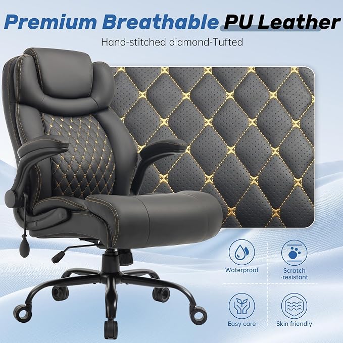 550LBS Big and Tall Office Chair, Comfy Heavy Duty Executive Chair with Adjustable Lumbar Support Double Spaces Casters, PU Leather Extra Wide Seat Ergonomic Computer Desk Chair for Back Pain, Black