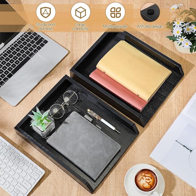 DoubleFill 2 Pcs Wooden Letter Trays 2 Tier Desktop Paper Organizer Wood Letter-Size Desk Document Tray Heavy Duty Stackable Paper Drawer Holder File Folder Back to School Office Home (Black)