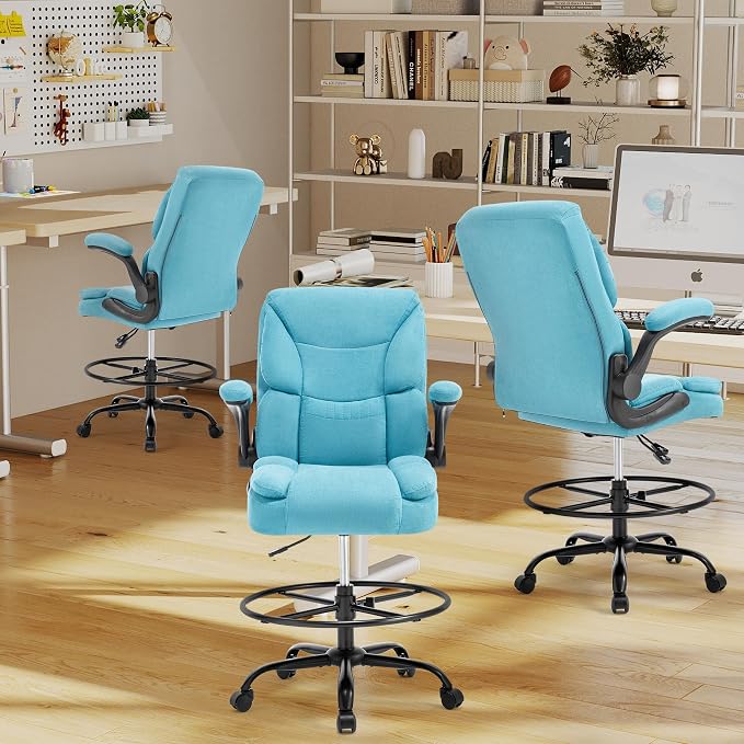 500LBS Drafting Chair, High Back Safer Standing Desk Chair, Executive Tall Office Chair with Flip-up Armrests, Upholstered Fabric Task Chair, Ergonomic Seat with Adjustable Height&Foot Ring, Blue