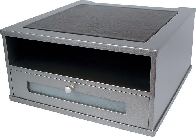 Victor Monitor Riser with Drawer and Storage Shelf - Wood Monitor Stand Desk Organizer with Faux Leather Top, Organize Office Supplies, 13 x 13 x 6.5-Inches, Classic Silver