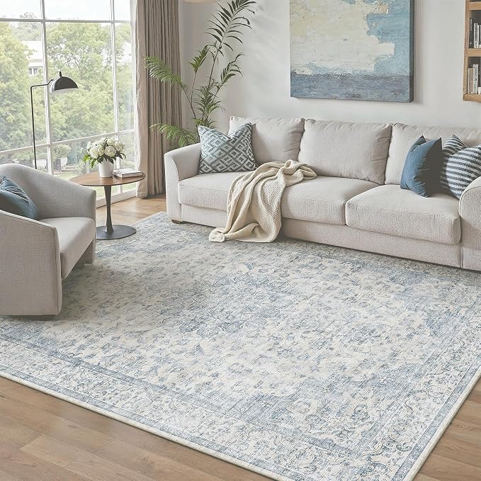 PureCozy 4x5 Area Rug Washable Neutral Blue Vintage Entryway Office Carpet Non Slip Low Pile Soft Door Mat Floral Indoor Small Throw Rug for Entrance Bathroom Bedroom Office Laundry