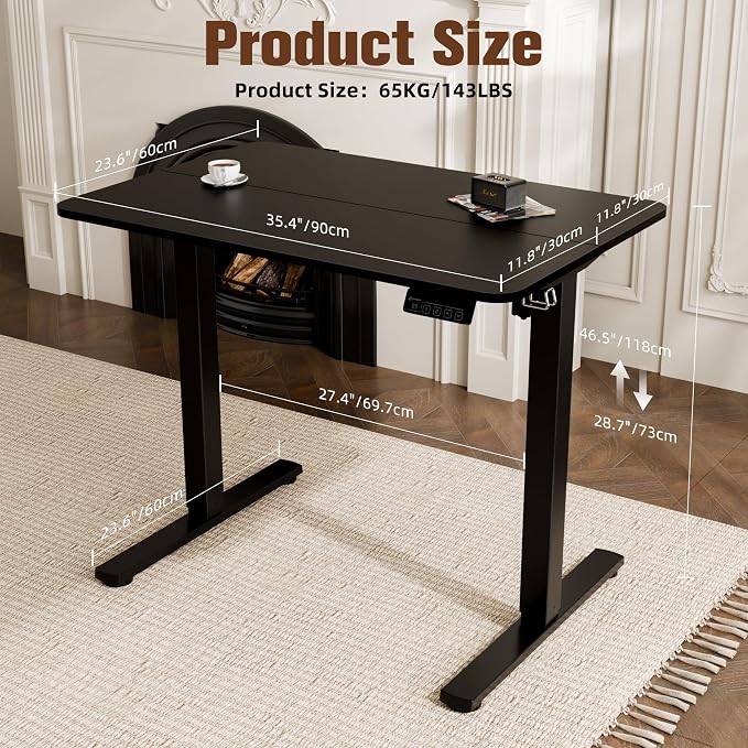 Small Standing Desk, 35"x24" Height Adjustable Sit-Stand Home Office, Black | Electric Adjustable Standing Desk, Sit to Stand Computer Office Desk with Splice Board, Memory Preset, Lifts 28.7''-46.5"
