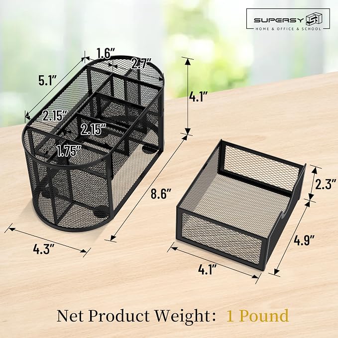 SUPEASY Mesh Desk Organizer, Desk Accessories & Workspace Organizers with Drawers, Pencil Holder for Desk with 9 Compartments for Office Supplies, School, Classroom, 8.6 x 4.3 x 4.1 Inch, Black
