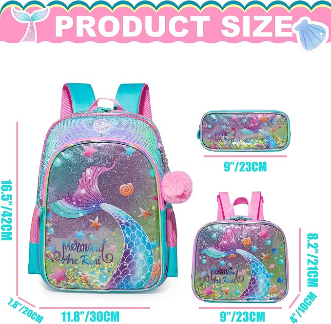 Mermaid Backpacks for Girls Kids School Cute Bookbag for Kindergarten Elementary Sequin School Backpack for Girls Lightweight SchoolBag with Lunch Box