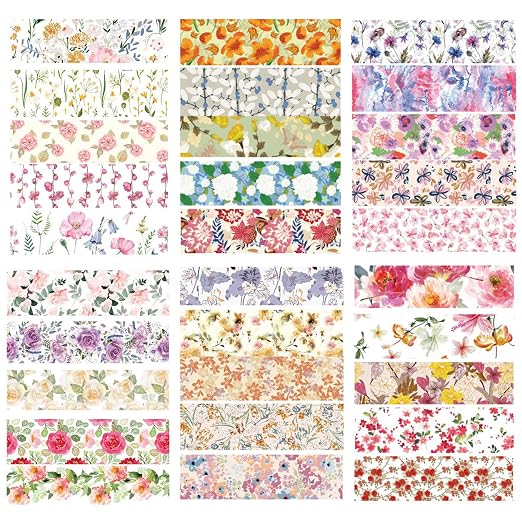 Flowers Washi Tape Set 30 Rolls Floral Patterns Decorative Skinny Slim Masking Tapes for Arts, DIY Crafts, Journals, Planners, Scrapbook, Wrapping (Blossoms Flourish)