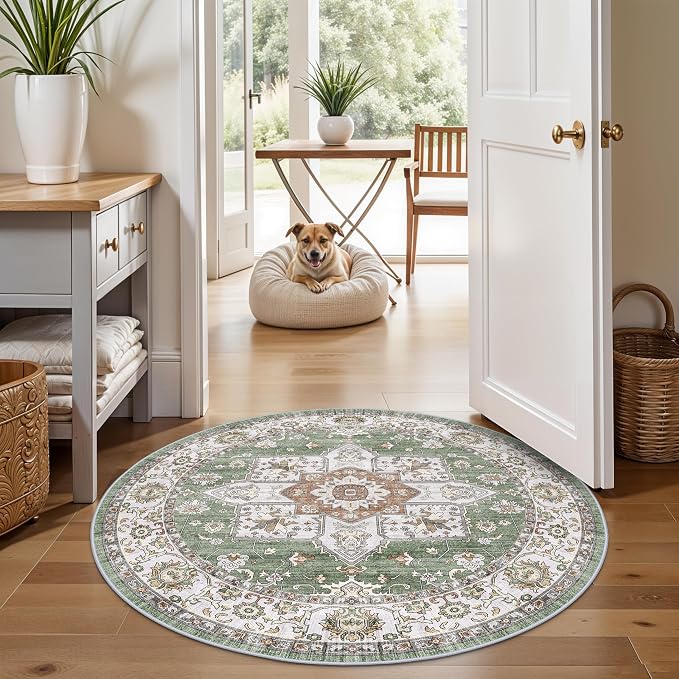 RUUGME Washable 4round Area Rug - Boho Rugs for Living Room Vintage Tribal Rugs for Bedroom Kitchen Bathroom with Non Slip Backing Home Decor Floor Decoration Mat 4ft Sage