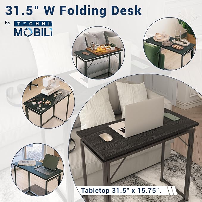 32" Wide Folding Desk for Small Spaces, Compact Folding Table for Bedroom, Apartment, Study or Dorm Ideal for Living Room TV Dinners, Side Table Use, Laptop Desk, No Assembly Required, Black